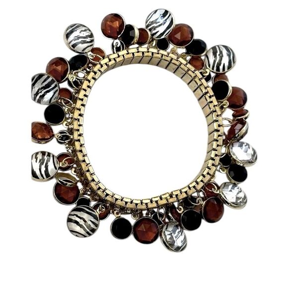 None Jewelry - Goldtone Black Amber Zebra Bead Charm Cha Cha Expandable Bracelet Vintage